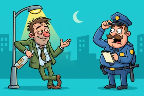 Create a funny modern cartoon VECTOR illustration for this joke: Illustrate the single funniest moment of the joke. Style: colorful French editorial humor cartoon, clean 2D vector, bold black outlines, flat vibrant colors, expressive caricature characters, exaggerated facial expressions, funny body language, slightly quirky proportions, simple geometric shapes, polished professional illustration. Use a bright solid background such as turquoise, yellow, purple, red or blue. Composition must be simple and readable: - 1–4 characters maximum - characters large and clearly visible - only essential props - minimal background - no unnecessary details - strong visual storytelling - humorous facial reactions - clean silhouettes The illustration should look like a premium joke/meme website thumbnail: playful, colorful, instantly understandable and visually funny. No text. No speech bubbles. No captions. No letters. No logos. No watermark. No photorealism. No 3D. No complex background. No excessive details. No realistic rendering. IMPORTANT: Understand the joke first, then invent the most appropriate characters, setting, poses, expressions and props for that specific joke. Do not use a generic scene. the text : A férfi nem volt olyan állapotban. A férfi nem volt olyan állapotban, hogy vezetni tudott volna, ezért bölcsen hagyta a kocsiját leparkolva, és gyalog ment haza. Miközben bizonytalanul sétált, megállította egy rendőr. "Mit keres itt kint hajnali kettőkor?" - kérdezte a rendőr. "Egy előadásra megyek." Mondta a férfi. "És ki tart ilyenkor előadást?" - kérdezte a rendőr. "A feleségem" - mondta a férfi.